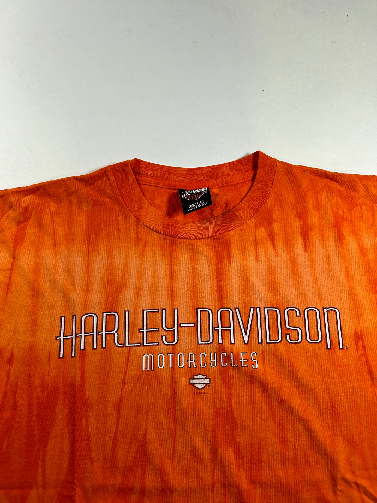 Vintage Harley Davidson Motorcycles Woodstock Tie Dye Orange Flames Tee L/XL Fit 24.25x31 Inches