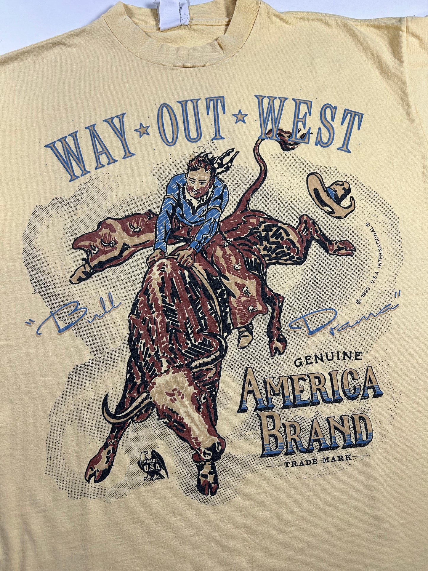 Vintage Way Out West American Brand Western Bull Drama Cowboy 1993 Tee XL Fit 23.5x30.25 Inches