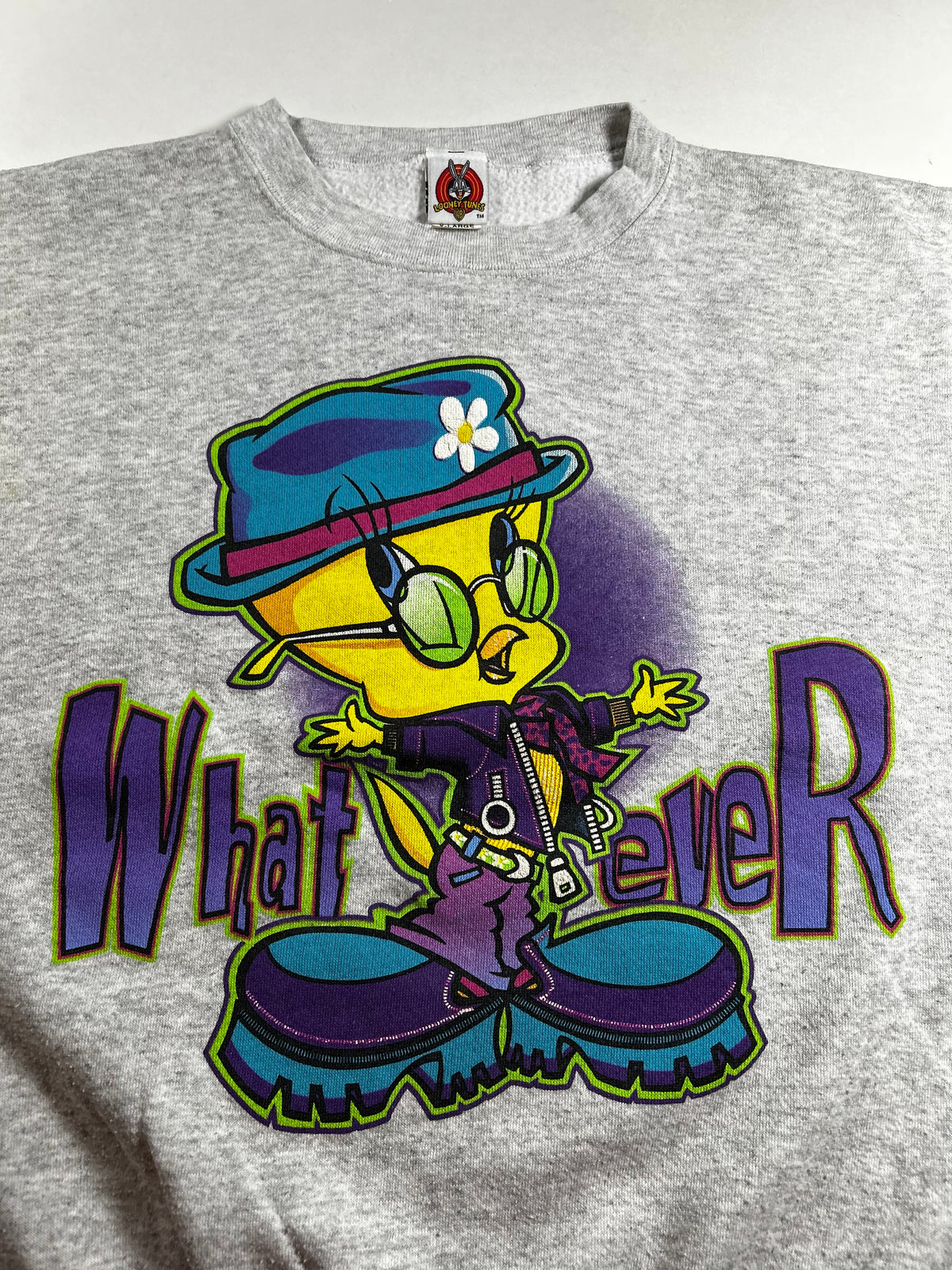 Vintage 1999 Warner Bros Tweety Bird Whatever Attitude Peace Crewneck Sweatshirt Boxy Fit 25.25x25.5 Inches