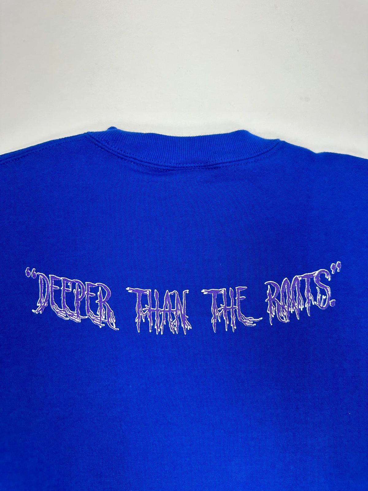 Edgewood NJ “Deeper Than The Roots.” First Edition Crewneck Sweatshirt Tagged Youth Large 90s Russell Athletic 50/50 Blend Made In USA DS Royal Blue 20.75x25