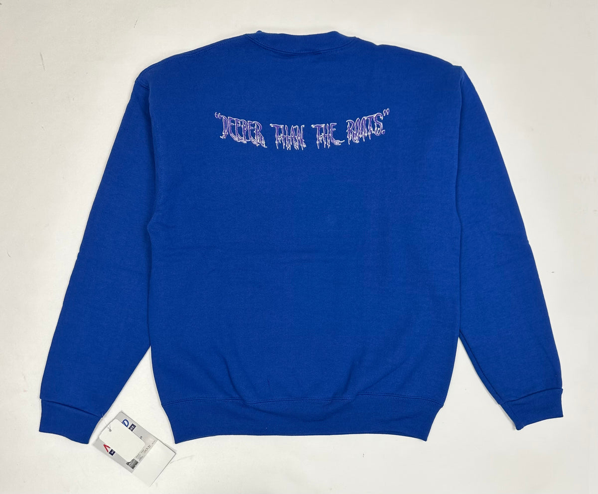 Edgewood NJ “Deeper Than The Roots.” First Edition Crewneck Sweatshirt Tagged Youth Large 90s Russell Athletic 50/50 Blend Made In USA DS Royal Blue 20.75x25