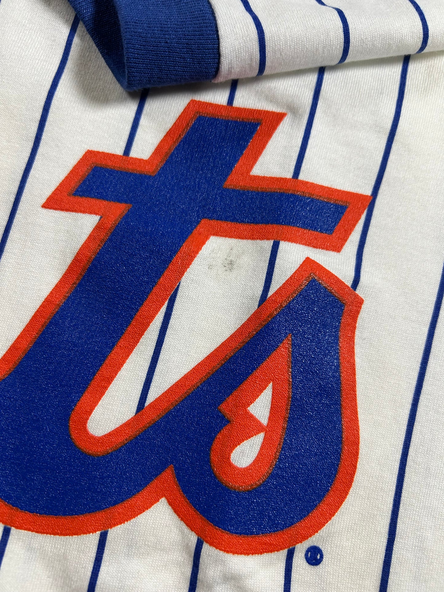 Vintage 90s Russell Athletic New York Mets MLB Pinstripe Baseball Jersey Style Tee Medium 20x29.5 Inches Small Spot