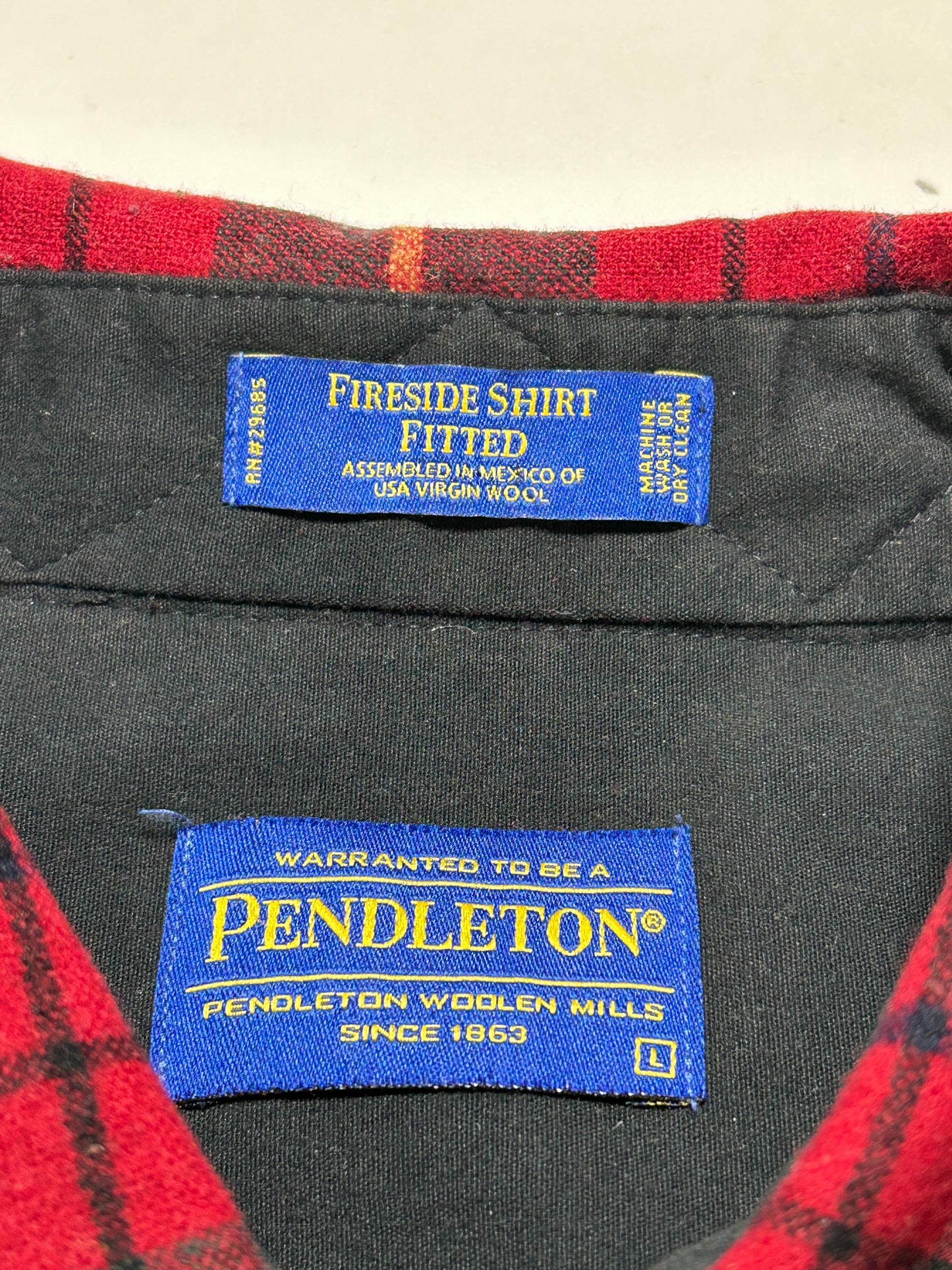 Pendleton Plaid Fireside 100% Wool Button Down Flannel Shirt Large 23.5x30.75 Inches Red Green