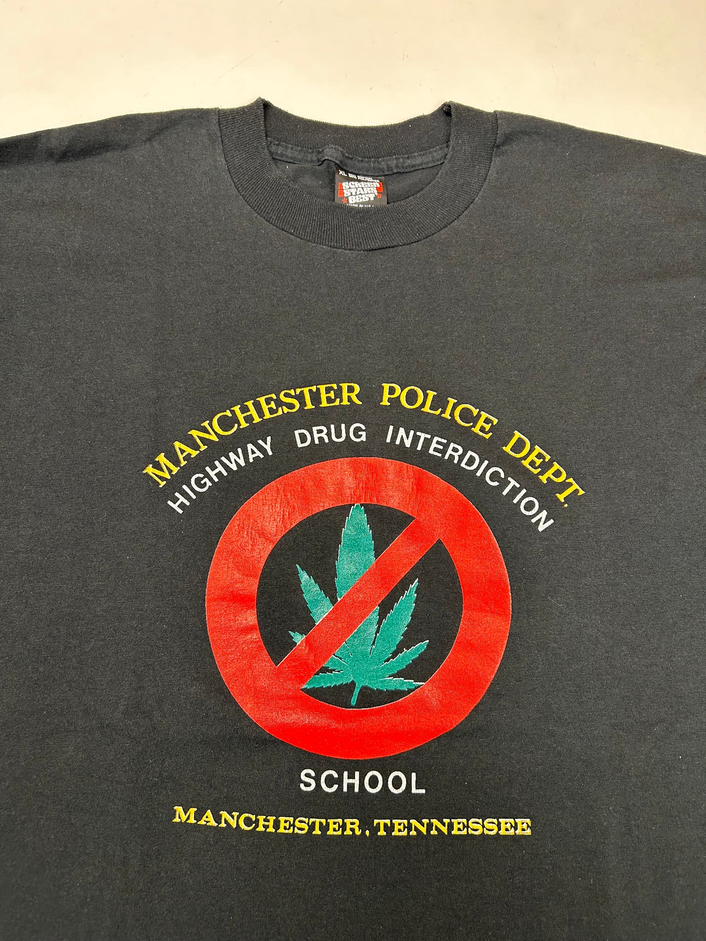 Vintage Manchester Police Department Highway Drug Interdiction School Manchester, Tennessee Tee XL/L Fit 22.25x29.75 Inches