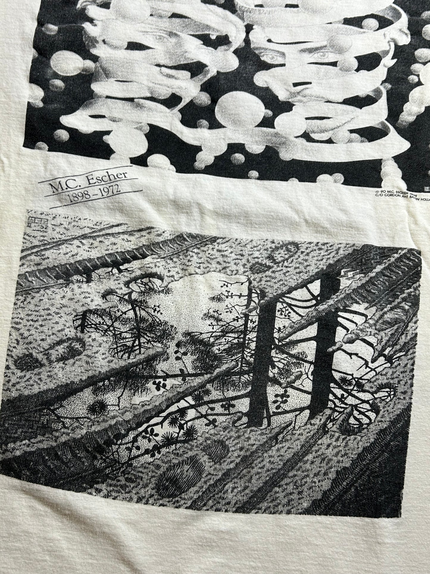 Vintage 1990 M.C. Escher Shirt White All Over Rare Print Art Single Stitch 23x27.75 Inches As Is
