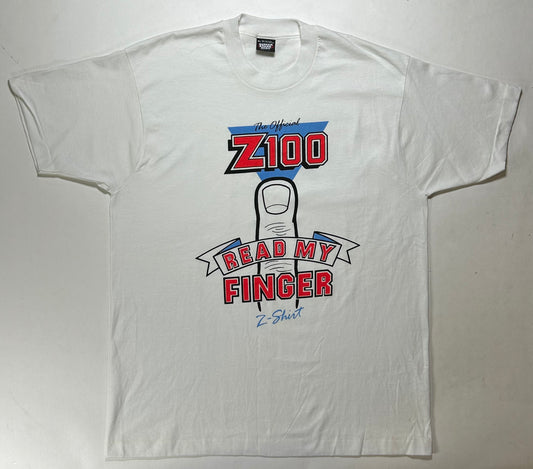 Vintage 90s Z100 Read My Finger New York Music Radio Promo T-Shirt XL 22.75x30.75 Inches Screen Stars Best Tag White