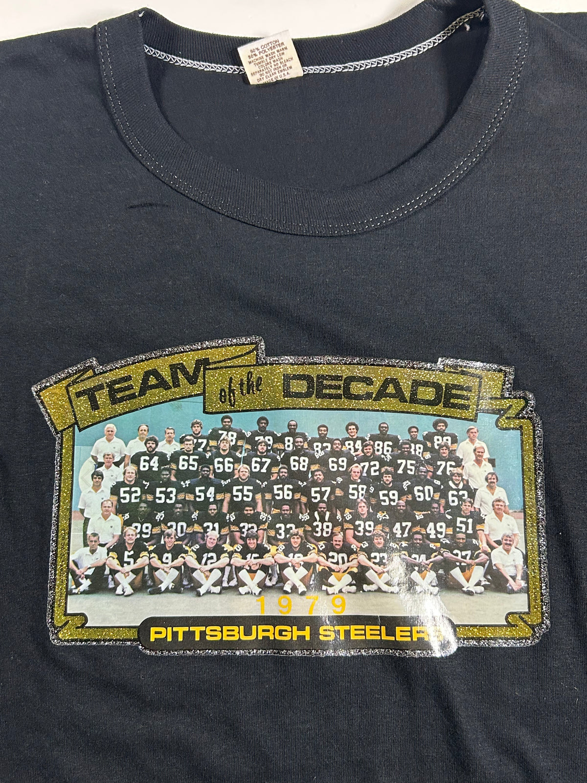 Vintage Pittsburgh Steelers Team Of The Decade 1979 NFL Gel Team Photo Tee Russell L/XL Fit 22x29.5 Inches