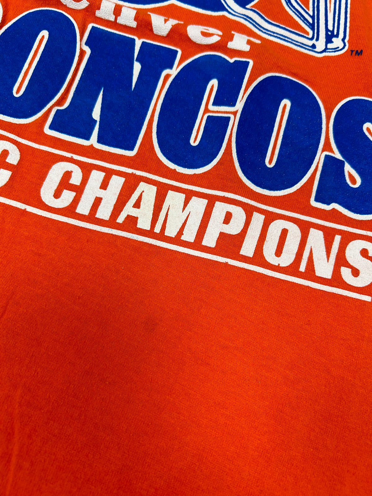 Vintage Trench Denver Broncos Super Bowl XXI 1986 AFC Champions Tee Small/Medium Fit 18.75x27 Inches