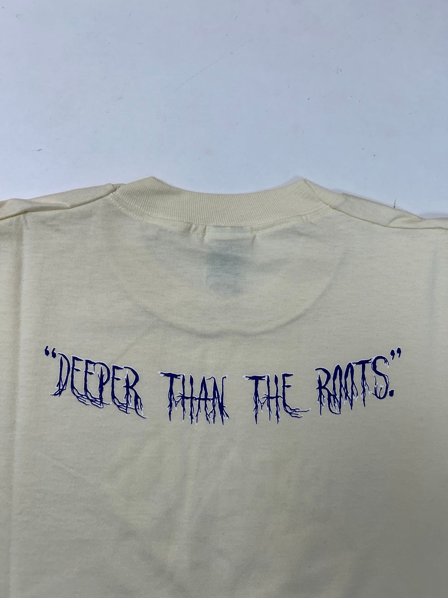 Edgewood NJ first edition “Deeper Than The Roots.” Tee XL 23.75x31 Inches 90s/00s FOTL Best Mexico Made 50/50 Blend Tan