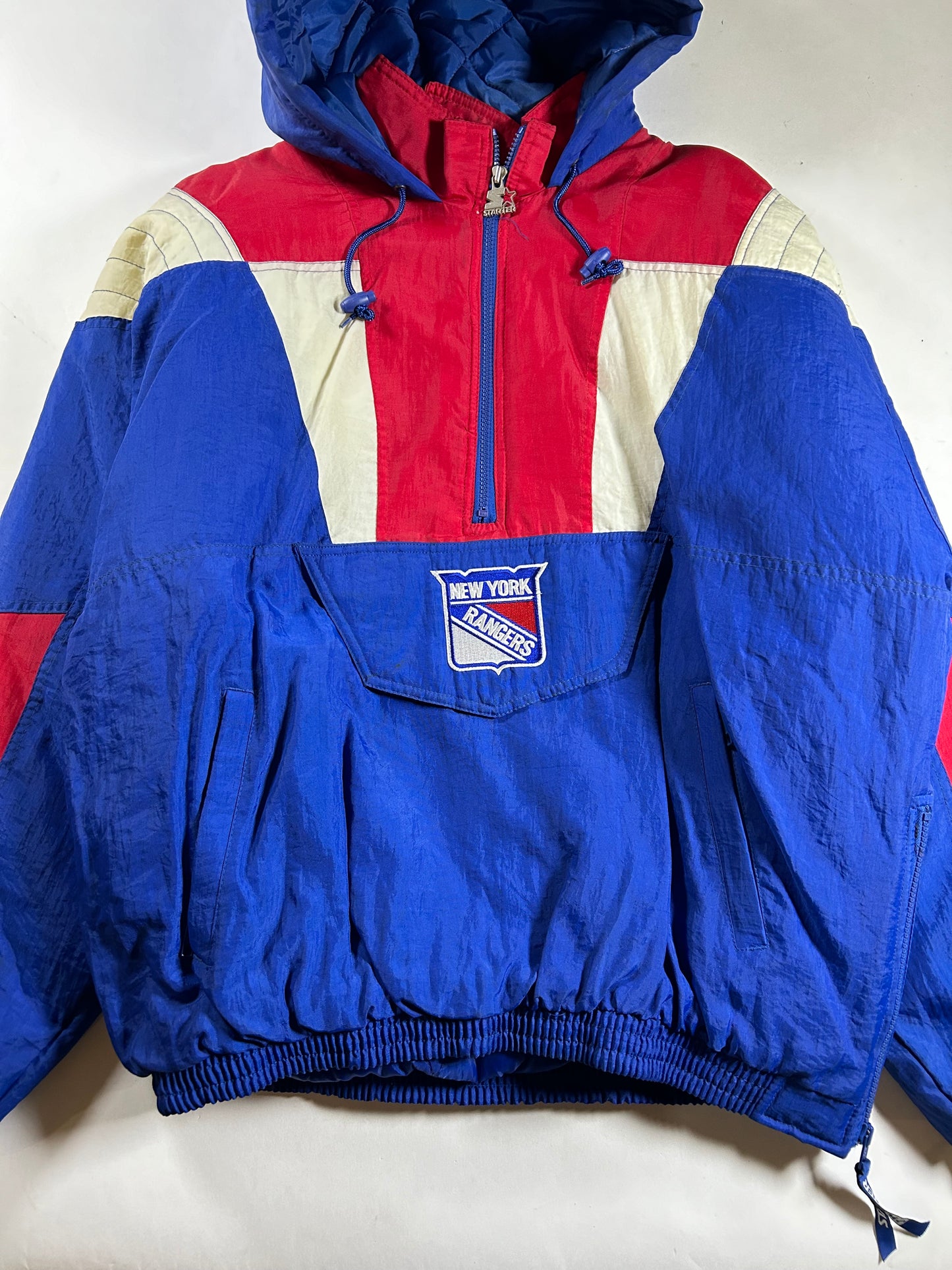 Vintage 90s Starter New York Rangers NHL Pullover Puffer Jacket Half Zip Hooded Jacket XL 29x30.25 Inches