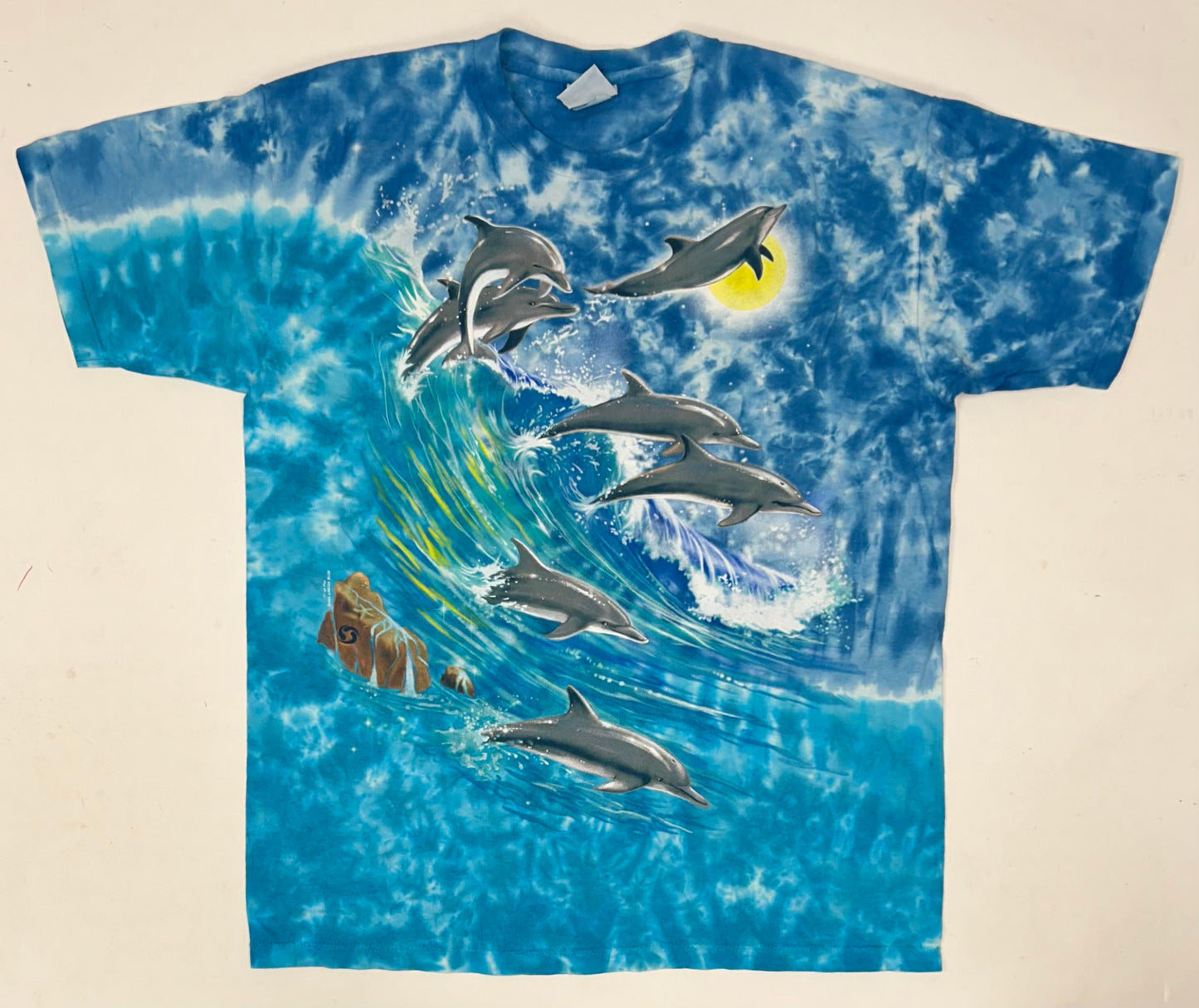 Vintage Liquid Blue Dolphin AOP Blue Ocean Tie Dye Beach Water Shirt Large 22.75xx29.5 Inches USA