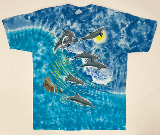 Vintage Liquid Blue Dolphin AOP Blue Ocean Tie Dye Beach Water Shirt Large 22.75xx29.5 Inches USA