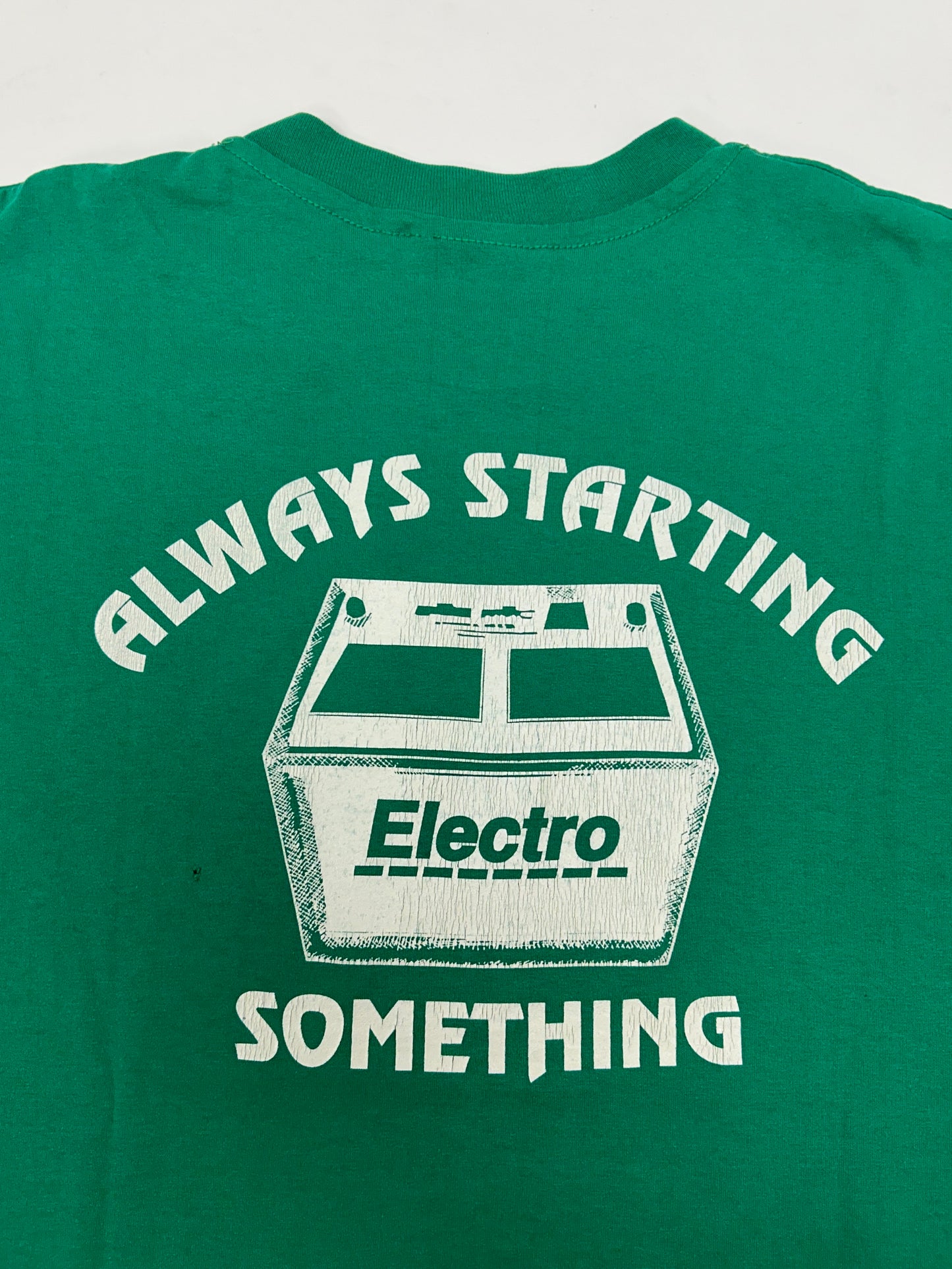 Vintage Electro Always Starting Something Promo Tee Green Large 21.25x28.75 Inches
