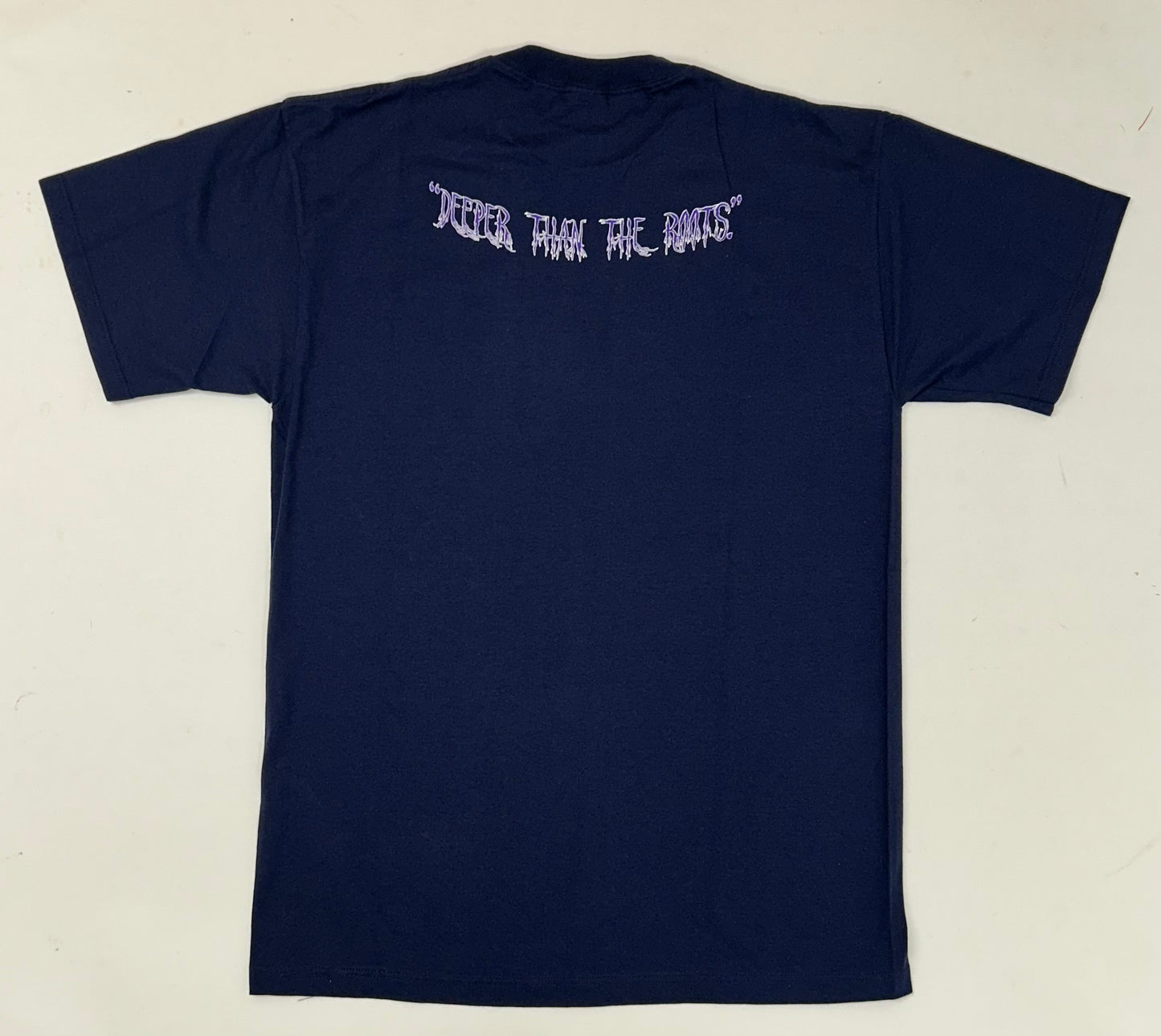 Edgewood NJ first edition “Deeper Than The Roots.” Tee Large 21.5x31.25 Inches 90s JERZEES 100% Cotton USA Navy Blue
