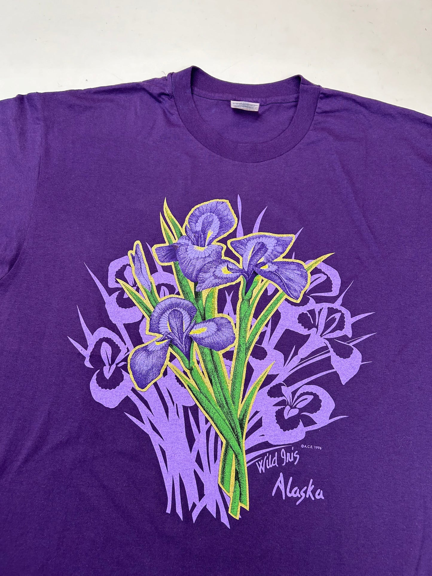 Vintage 1996 A.C.E. Wild Iris Flower Alaska Tee DS New With Tag XL 24.75x30.5 Inches