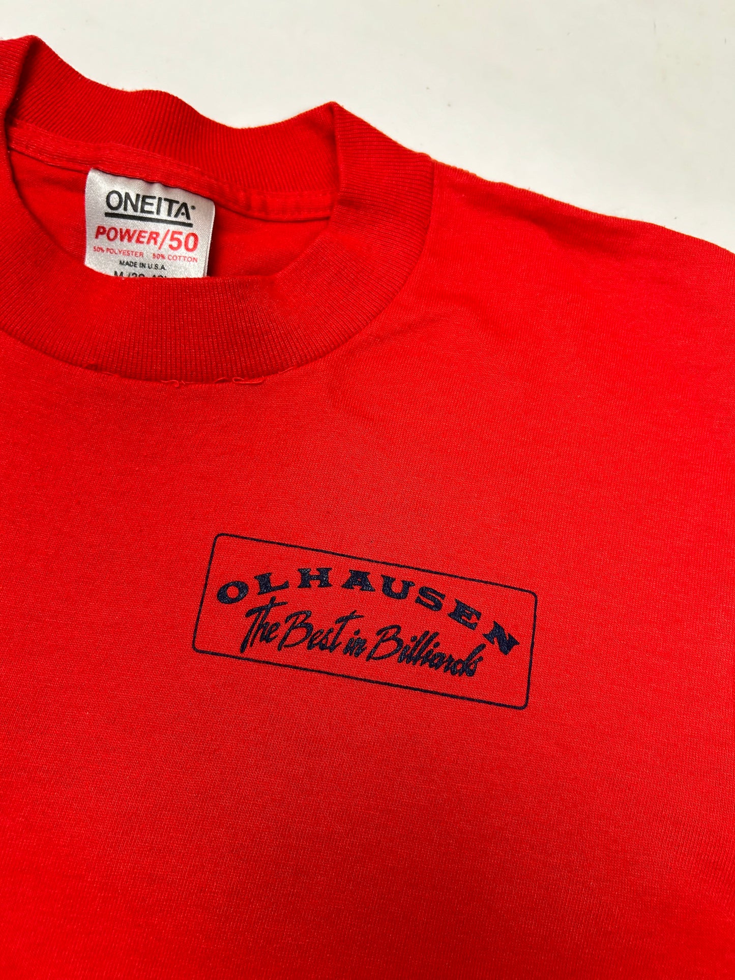 Vintage Olhausen Pool Table Mfg Billiards Brand Shirt Made In USA Red Medium 19x27 Inches