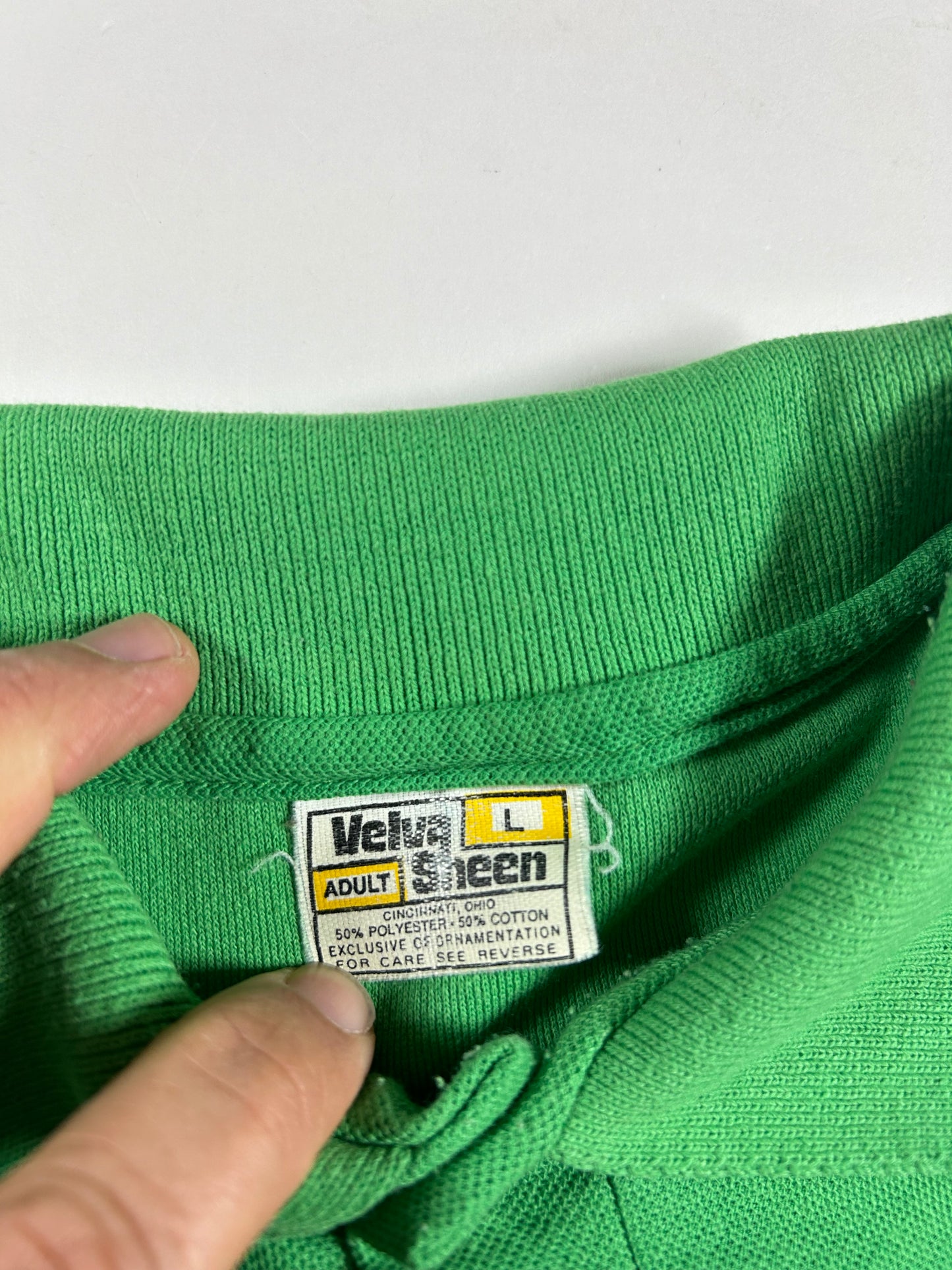 Vintage Velva Sheen Mickey Mouse Embroidered Logo Polo Shirt USA Green 21.75x26.5 Inches