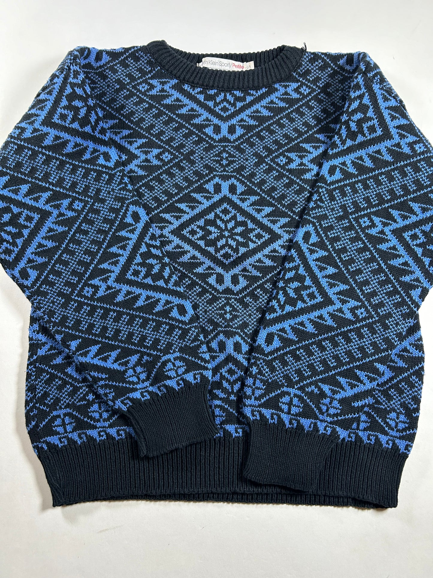 Vintage Calvin Klein Sport Petite Blue Black Geometric 90s USA Made Small Women’s 19x22 Inches