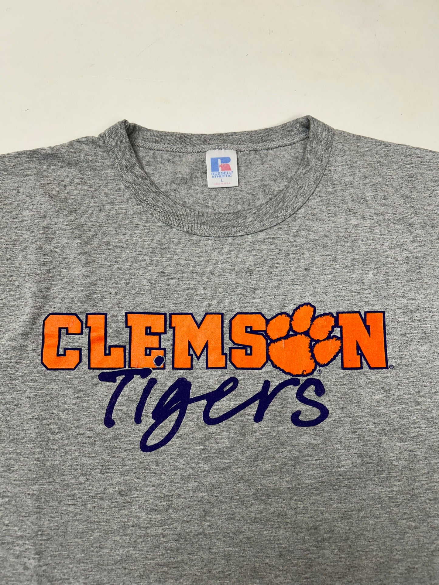 Vintage 90s Clemson Tigers College Russell Athletic USA Tee Large 22.25x29.25 Inches As Is