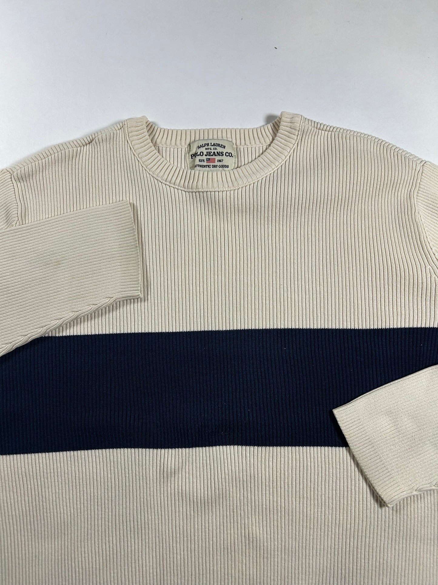 Vintage Polo Jeans Co Ralph Lauren Ribbed Cotton Sweater Cream Navy Stripe Small 20.25x24.25 Inches