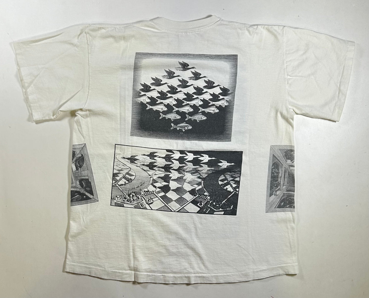 Vintage 1990 M.C. Escher Shirt White All Over Rare Print Art Single Stitch 23x27.75 Inches As Is