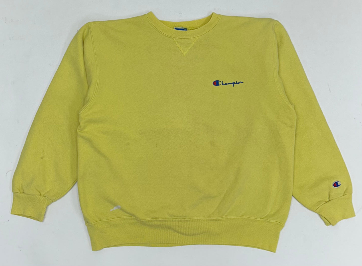 Vintage Champion Chest Script Logo Crewneck Sweatshirt Worn In Well Yellow USA Boxy Fit M/L 24.5x25 Inches As Is