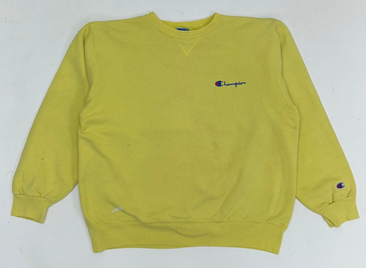 Vintage Champion Chest Script Logo Crewneck Sweatshirt Worn In Well Yellow USA Boxy Fit M/L 24.5x25 Inches As Is