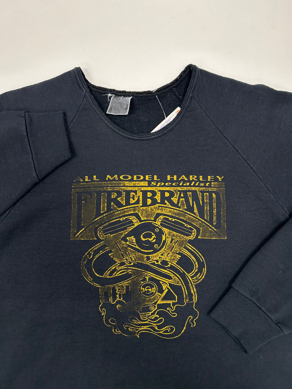 Vintage All Model Harley Specialist Fire Brand Warrington England Crewneck Sweatshirt Chopped Collar M/L Fit 22.75x27 Inches As Is Faded & Worn In