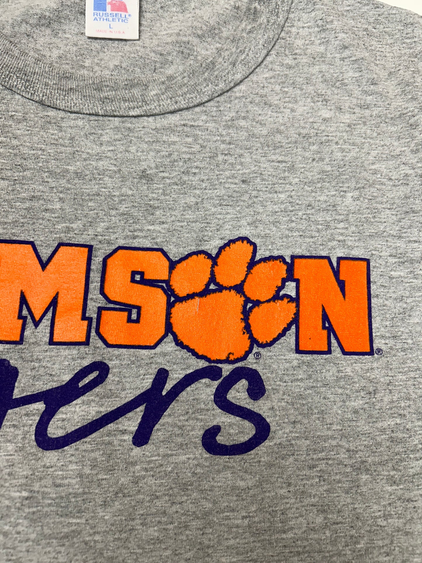 Vintage 90s Clemson Tigers College Russell Athletic USA Tee Large 22.25x29.25 Inches As Is