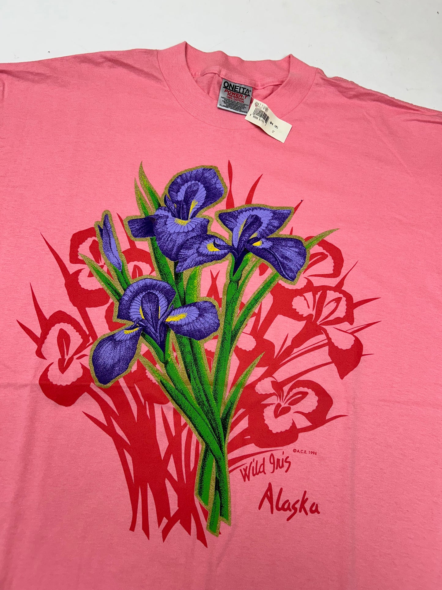 Vintage 1996 A.C.E. Wild Iris Flower Alaska Tee DS New With Tag XL 23.75x31.25 Inches
