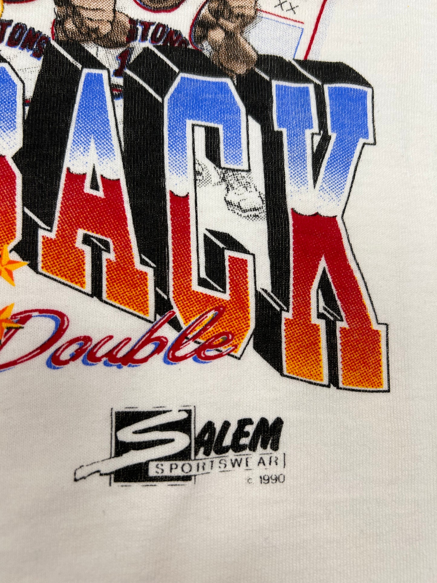 Vintage Salem Sportswear Detroit Pistons 1990 World Champions Back 2 Back World Champions Caricature Tee New With Sticker Large 23.25x27.5 Inches As Is