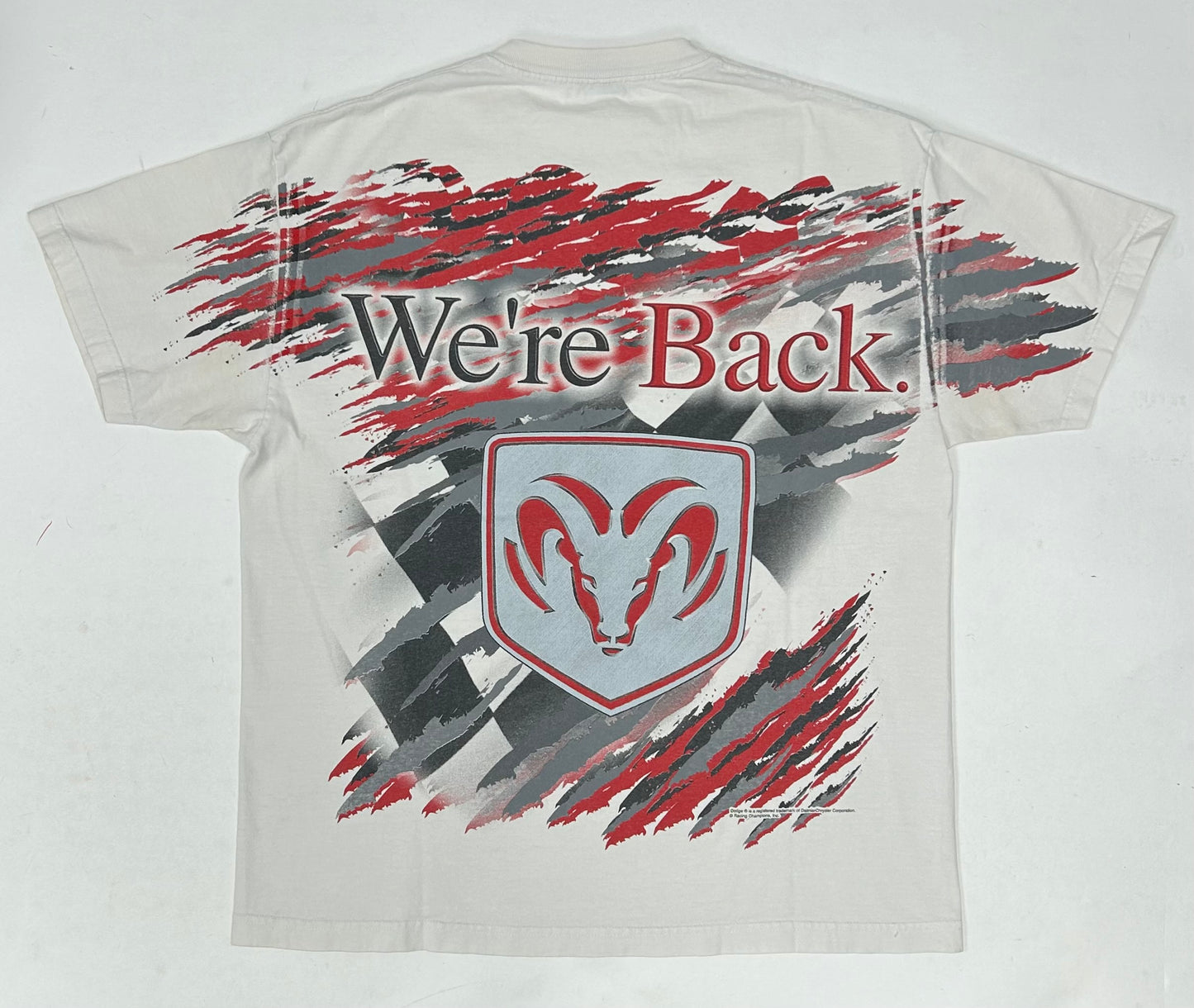 Vintage Dodge Motorsport We’re Back NASCAR AOP  Tee Dodge R/T 1970 & 2001 Car XL 23.5x29.5 Inches As Is