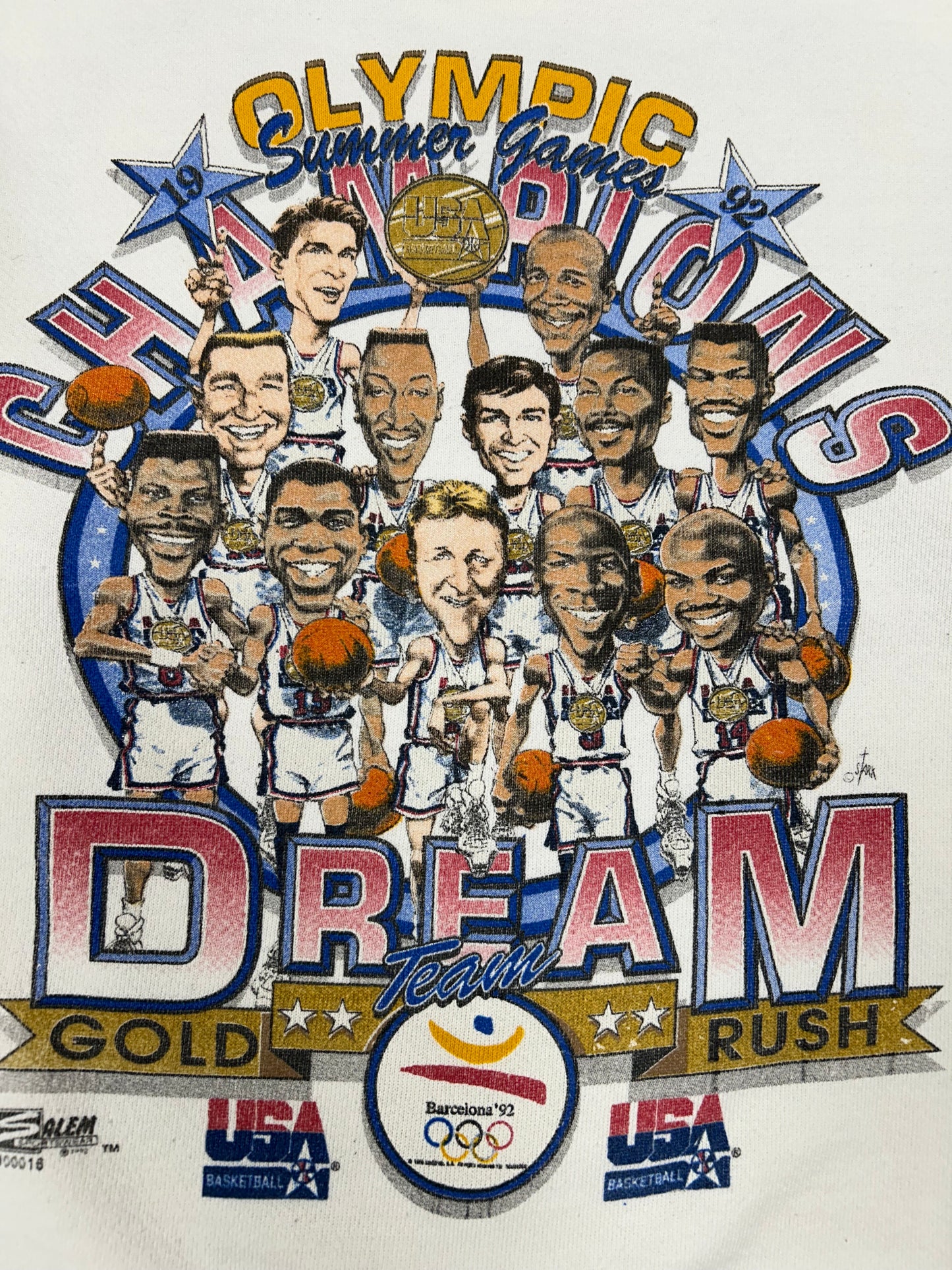 Vintage Salem Sportswear 1992 Barcelona Olympics Team USA Dream Team Caricature Crewneck Medium/Small Fit 22.5x24.75 Inches Great Wear