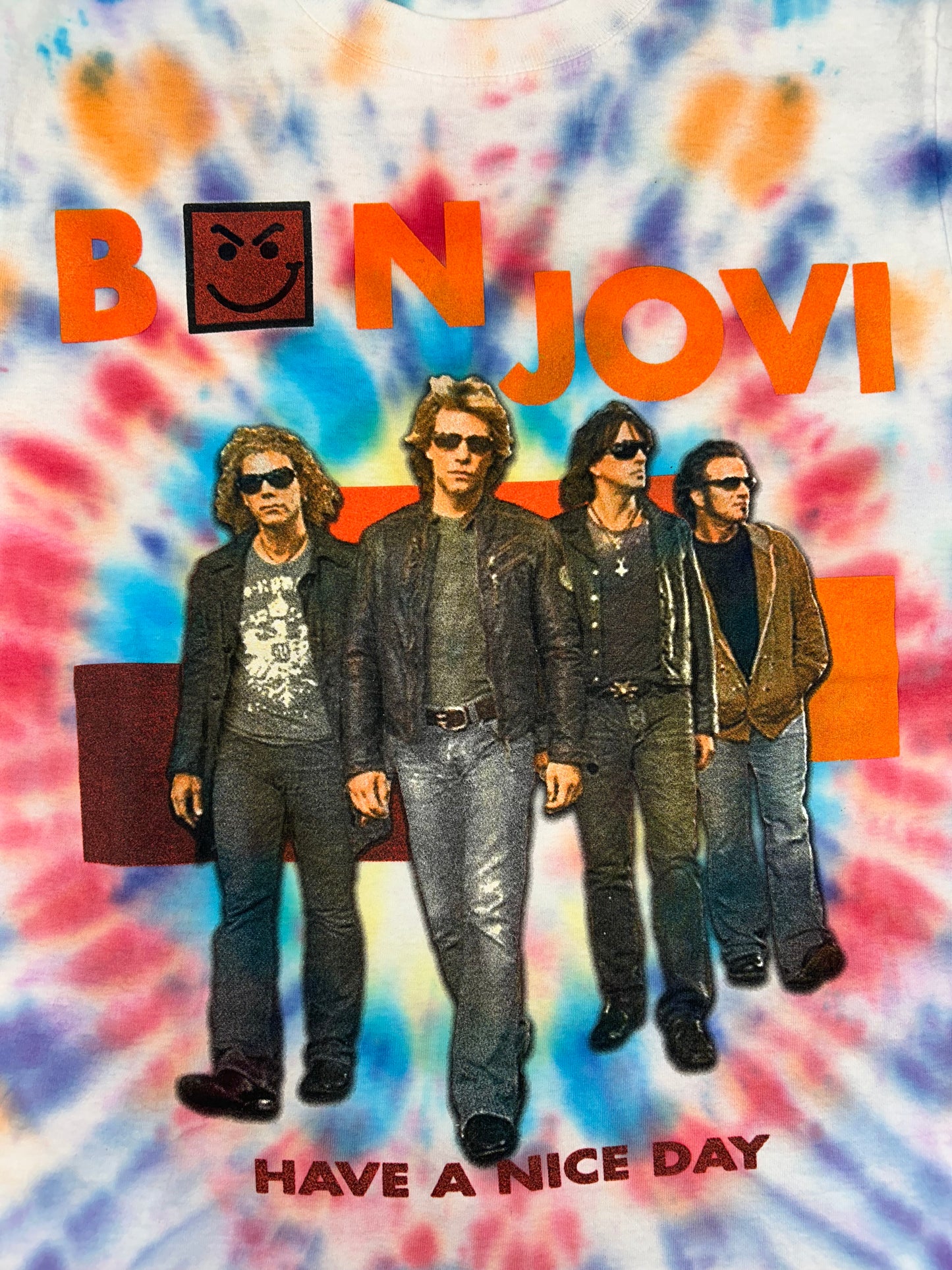 Vintage 2005-2006 Bon Jovi Have A Nice Day Tour Music Parking Lot Long Sleeve Tie-Dye Tee Small 19x26.75 Inches