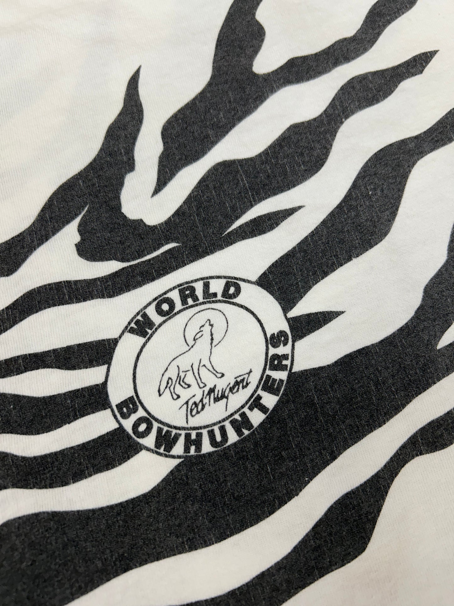 Vintage 90s Ted Nugent World Bowhunter Zebra Stripe Rockin’ The Wild Kick Ass Music Tee XL 24x29 Inches