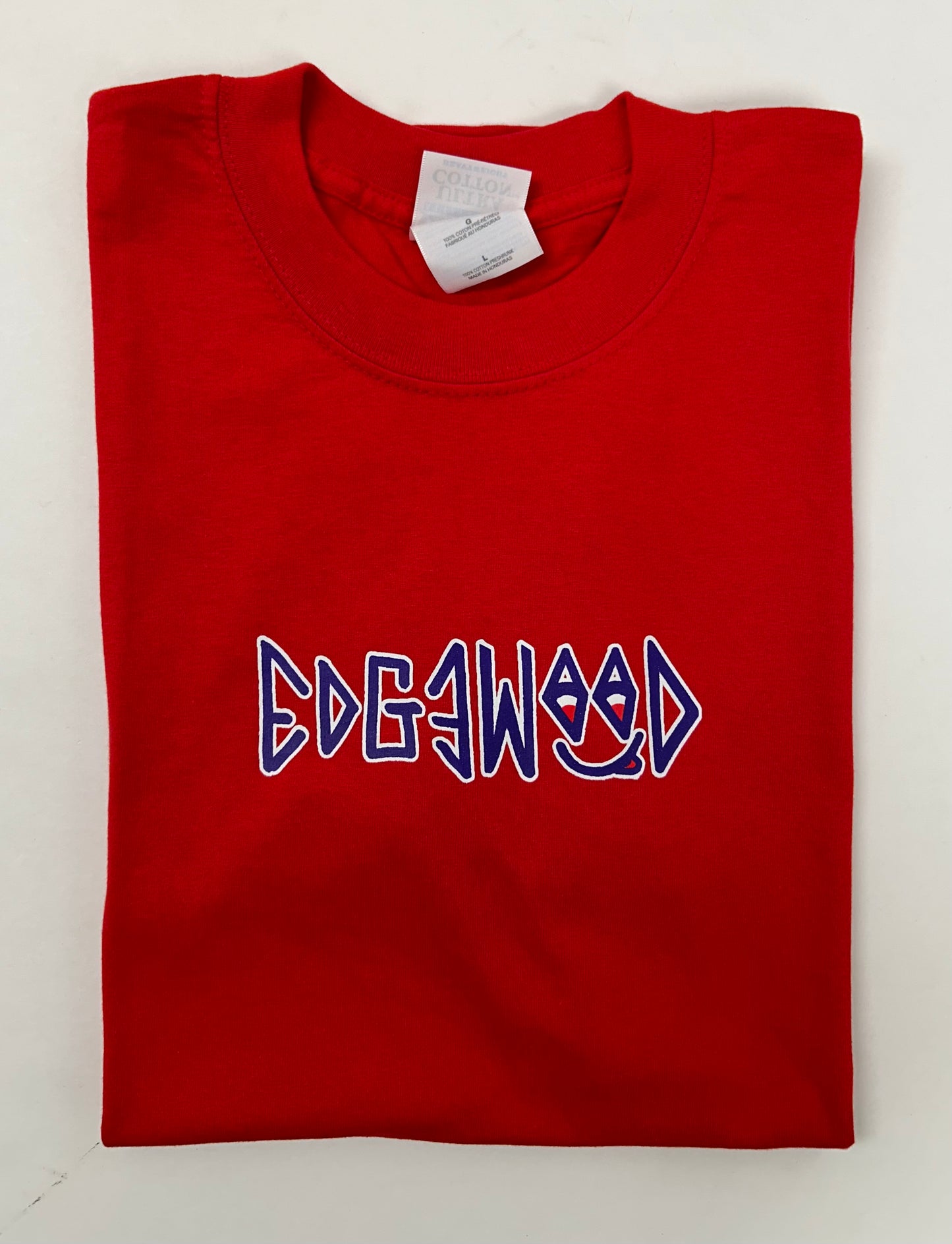 Edgewood NJ first edition “Deeper Than The Roots.” Tee 00s Gildan Ultra Cotton 100% Cotton Honduras Cherry Red