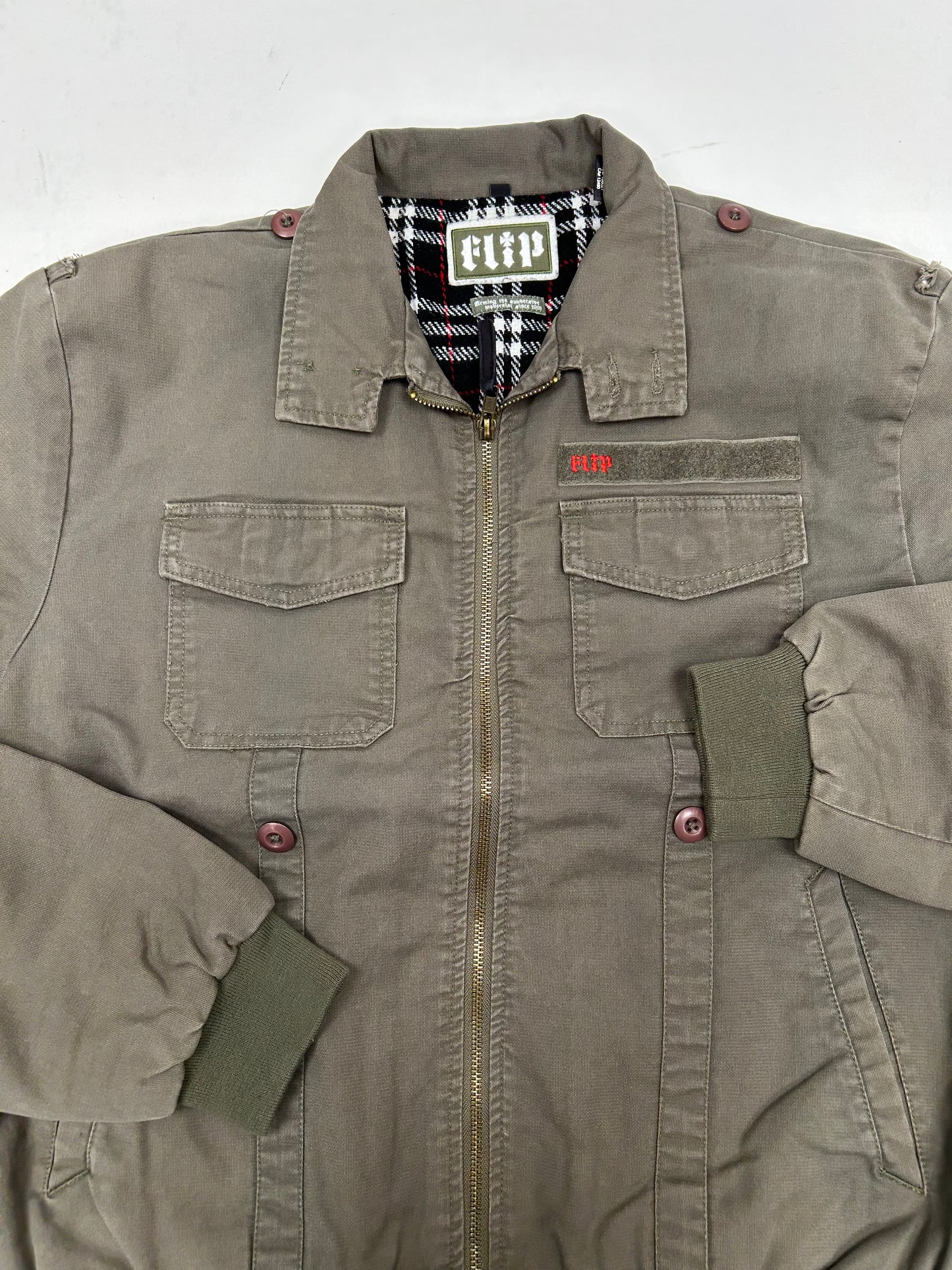 Vintage Flip Skateboards Army Military Style Zip Skateboarding Jacket Medium 24.5x27.25 Inches