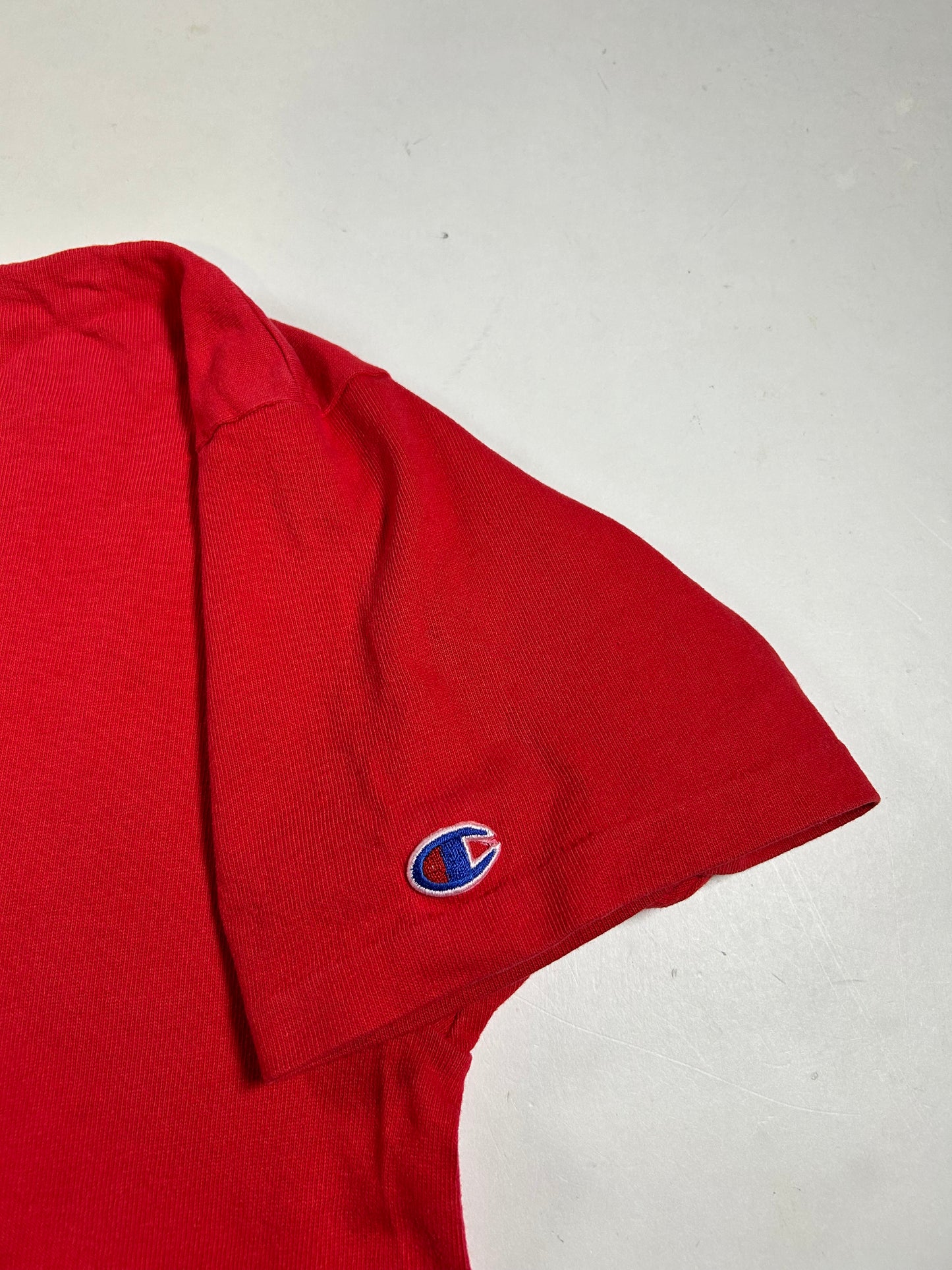 Vintage Champion Chest Script Logo Tee L/XL USA 22.25x31 Inches Red As Is