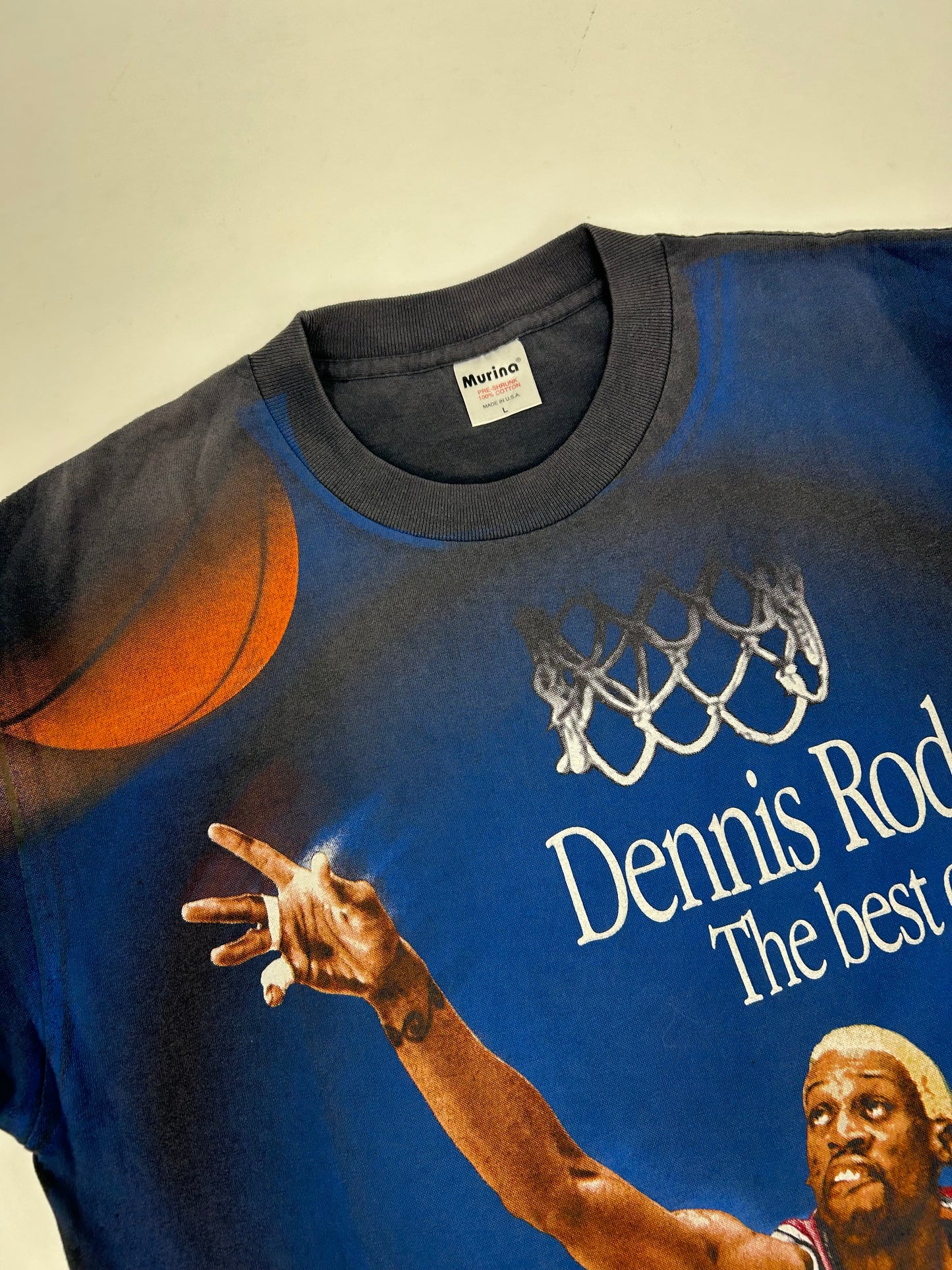 Vintage 1997 Dennis Rodman “The Best Offense Is A Great Defense” All Over Print Tee Tagged Large 22.5x30.5 Inches
