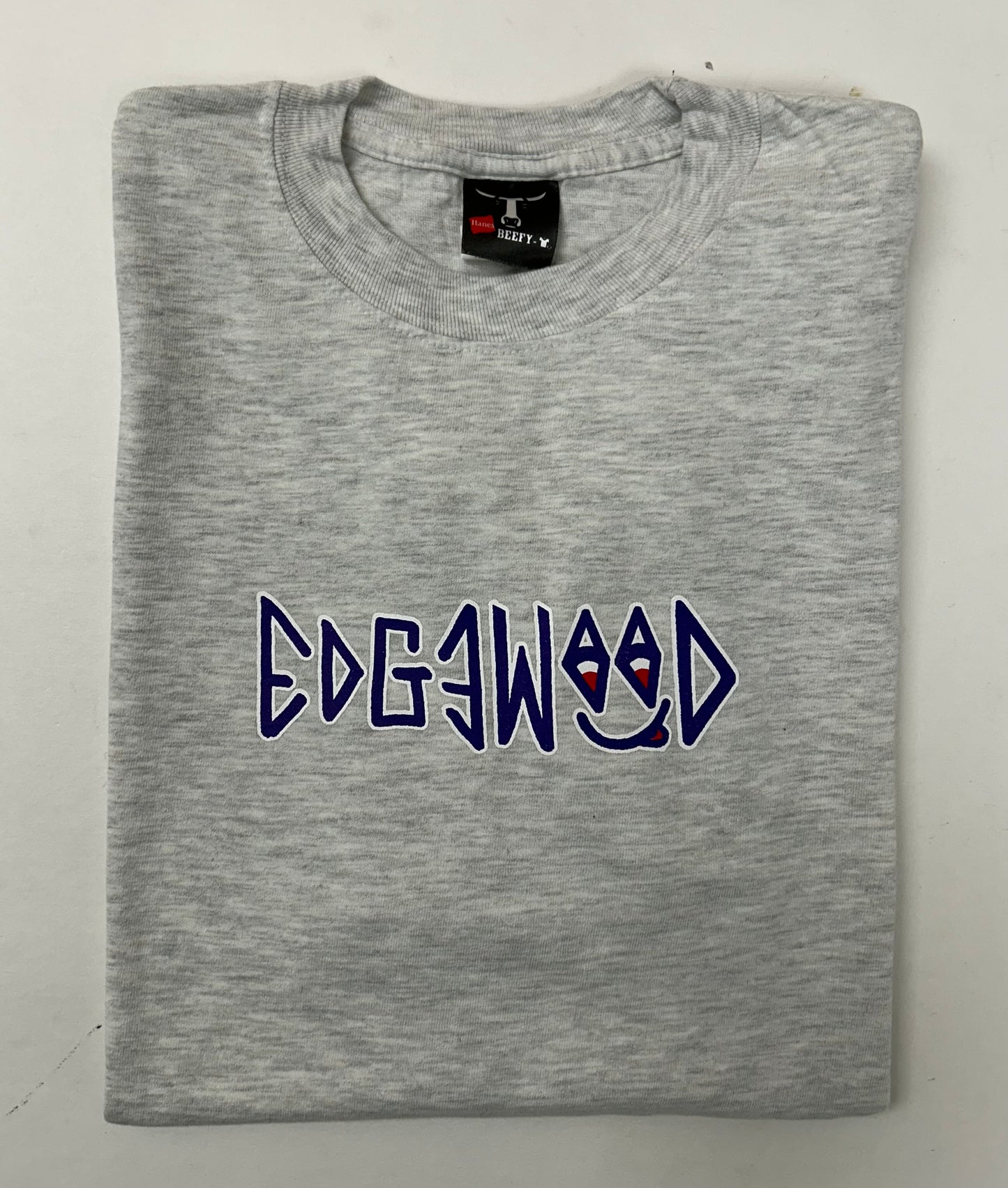 Edgewood NJ first edition “Deeper Than The Roots.” Tee 00s Hanes Beefy-T 99% Cotton 1% Other Fibers El Salvador Heather Gray