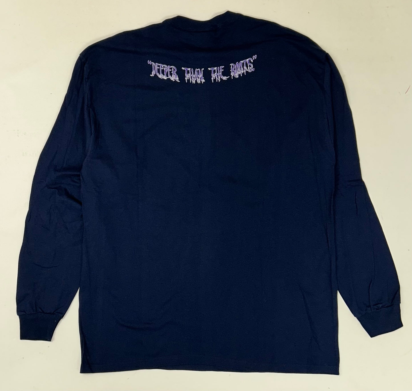 Edgewood NJ first edition “Deeper Than The Roots.” Long Sleeve Tee 2XL 25x33.25 Inches 90s Fruit Of The Loom Heavy Cotton 100% Cotton Honduras Navy Blue