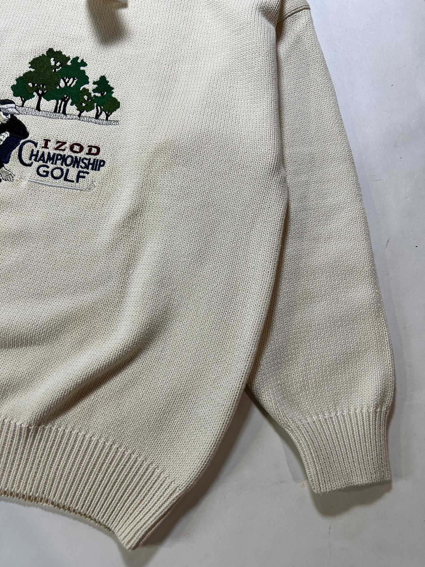 Vintage Izod Championship Golf Sweater Off White Knit Embroidered Mens Large 24.25x27.25 Inches