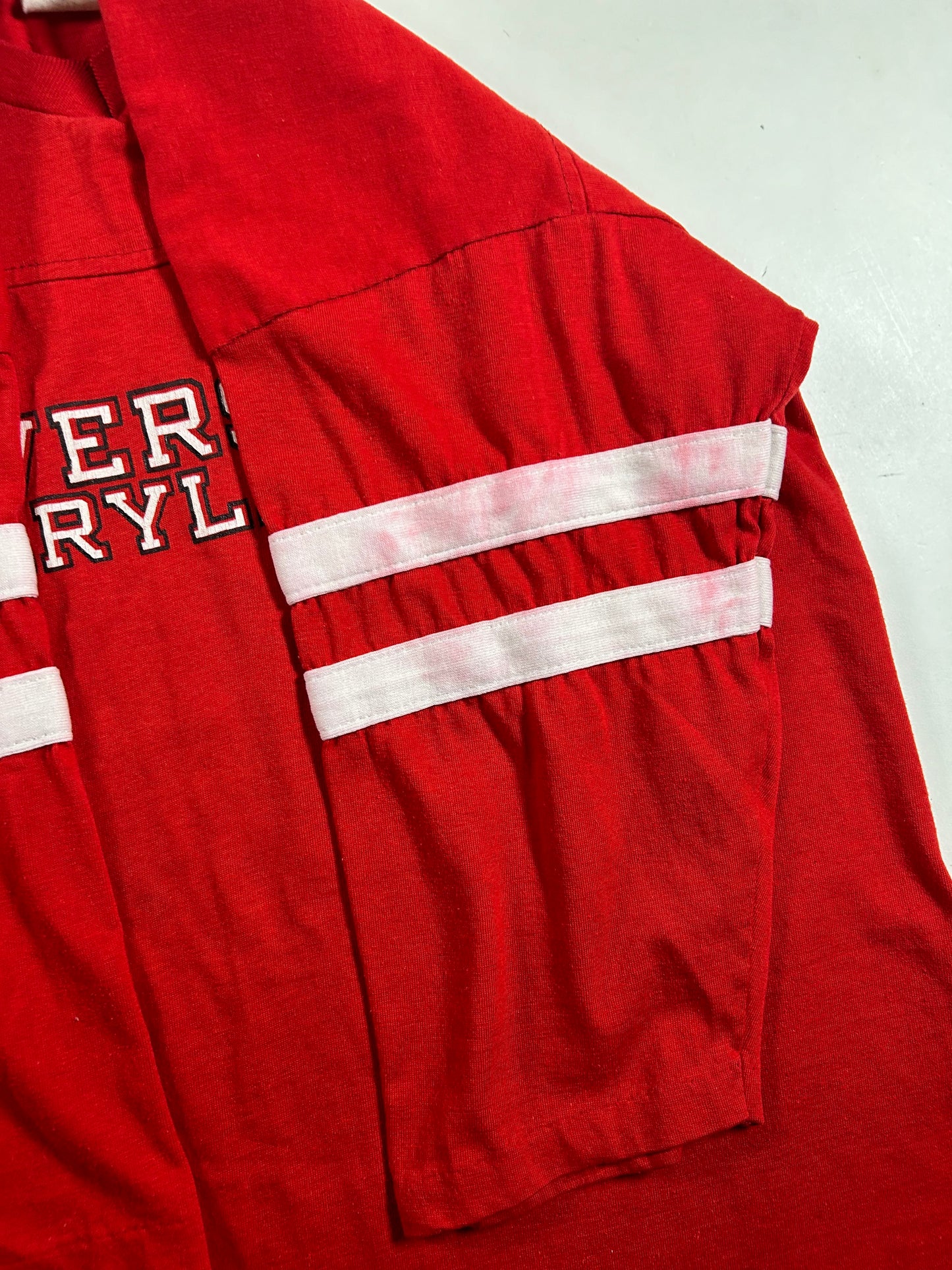 Vintage University of Maryland College Red 3/4 Sleeve Tee Velva Sheen 80s 18.5x25 Inches