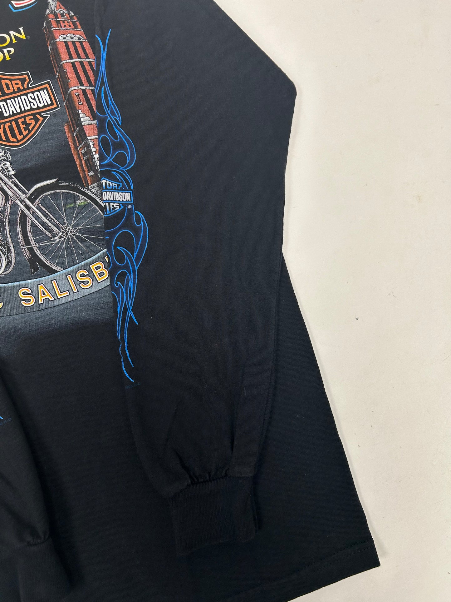 Vintage 2000s Harley Davidson Motorcycles Tilley’s Historic Salisbury, NC Flame Long Sleeve Ride It Hot Tee Small 18x28 Inches Black