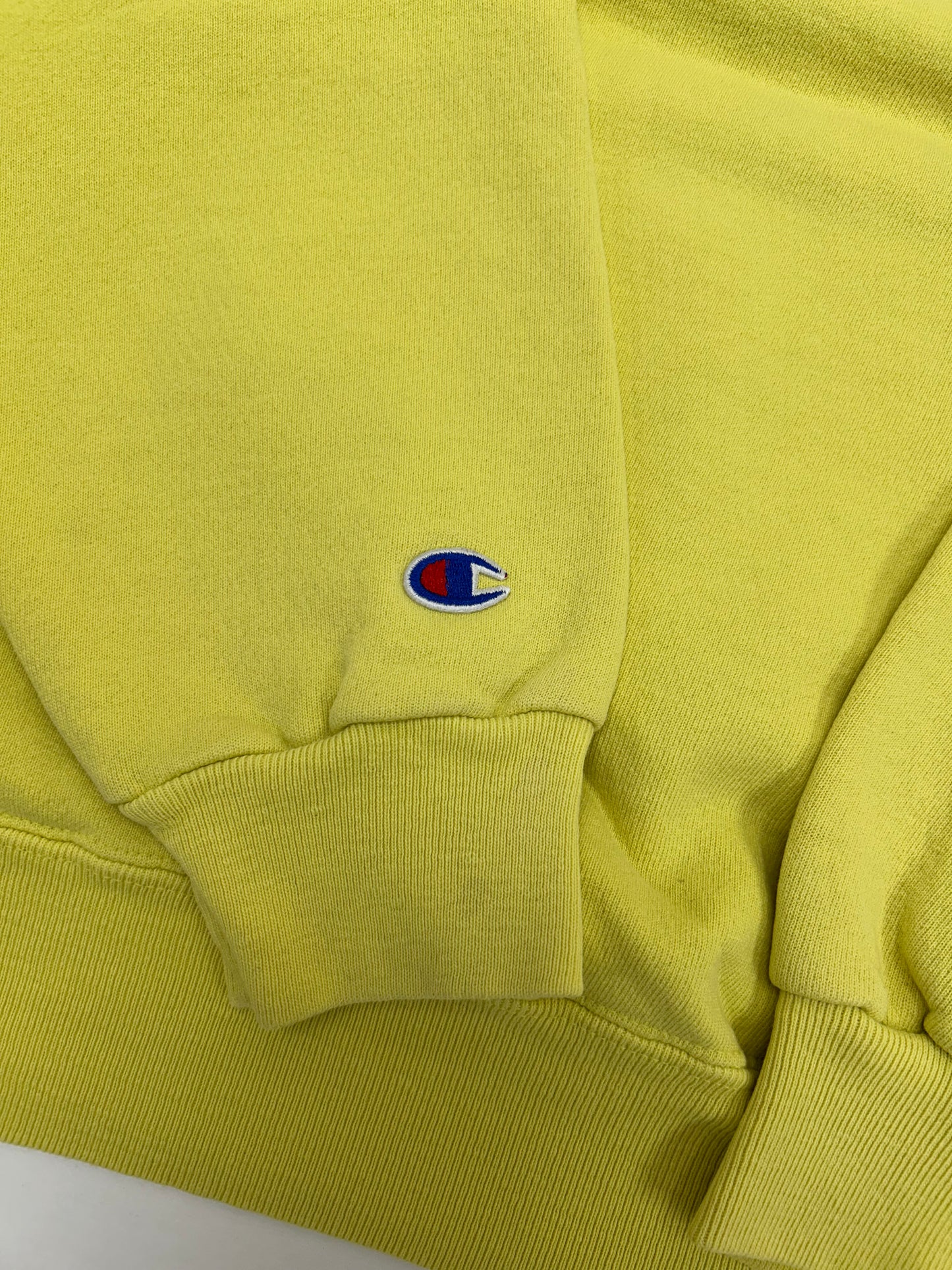 Vintage Champion Chest Script Logo Crewneck Sweatshirt Worn In Well Yellow USA Boxy Fit M/L 24.5x25 Inches As Is