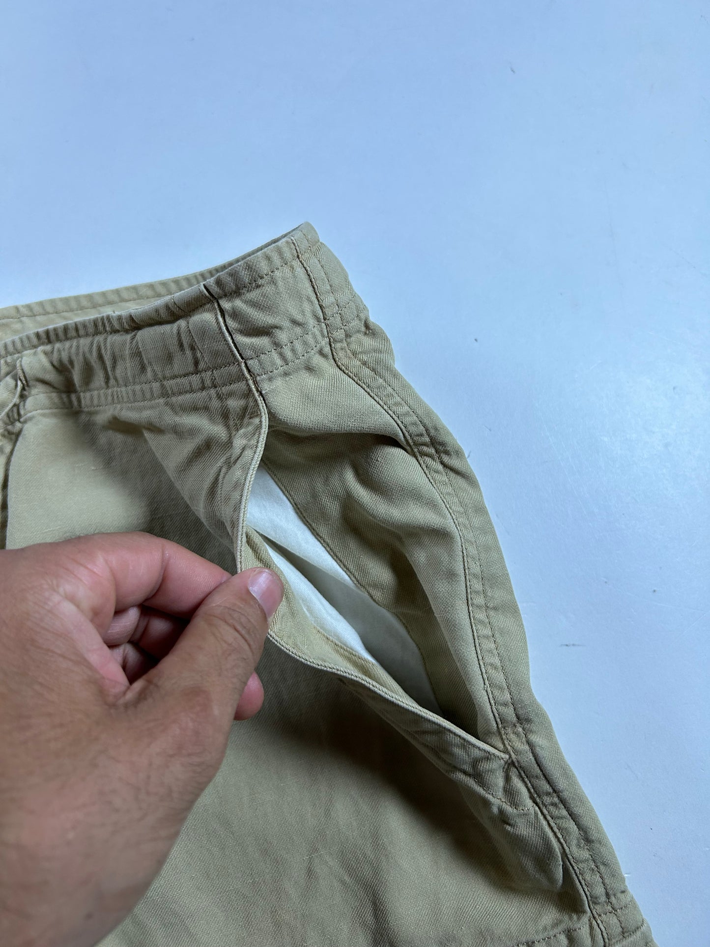 Vintage Polo Ralph Lauren Cargo Shorts Linen Silk Beige Drawstring Military Size 30 16.5x22.5 Inches