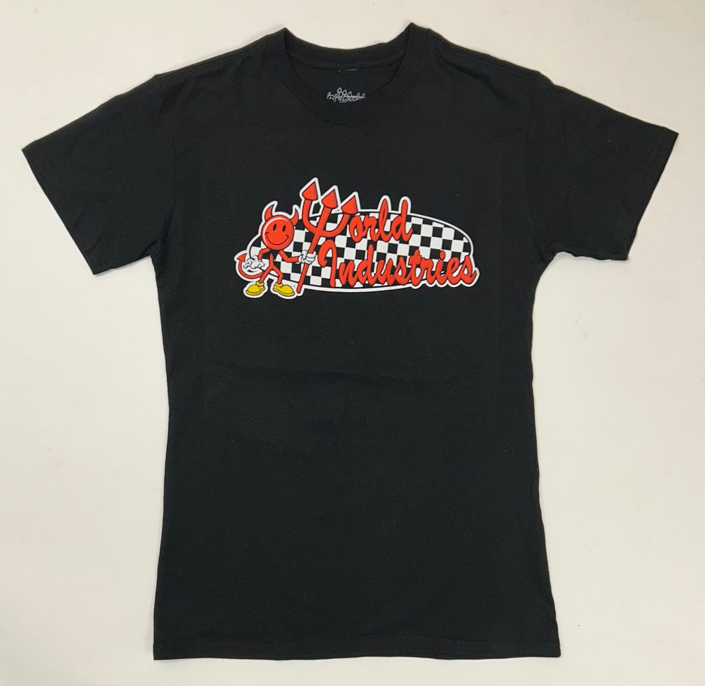 World Industries Devil Man Checkerboard Graphic Skate Tee Small 18.25x27.75 Inches