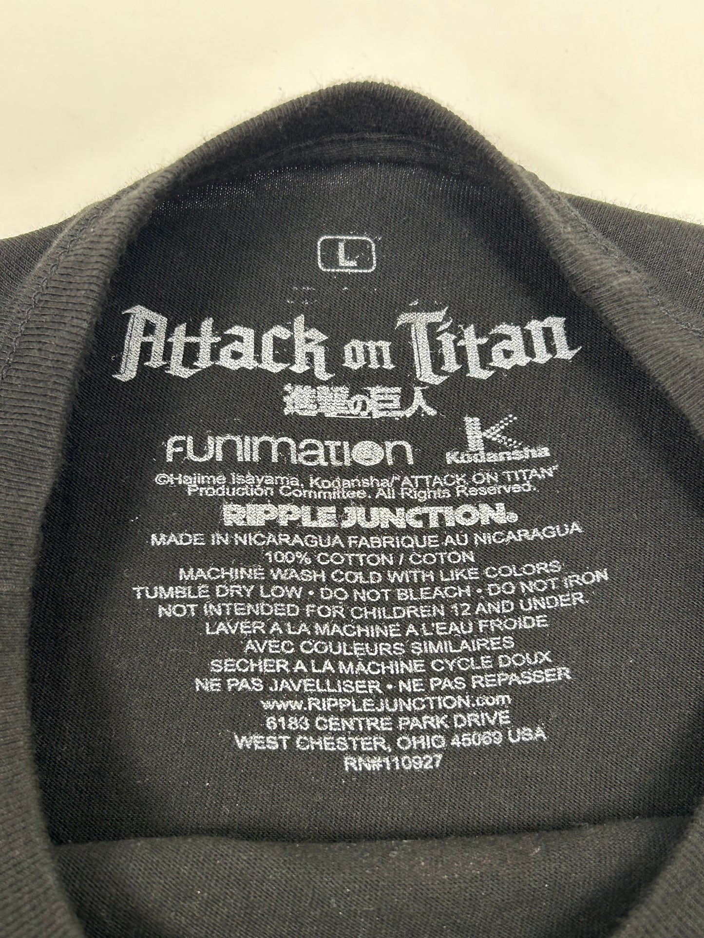Attack On Titan Funimation Ripple Junction T-Shirt Anime Show Graphic Tee Large 21.5x28.25 Inches