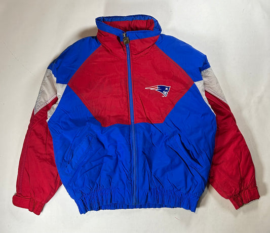 Vintage New England Patriots NFL Game Day Puffer Jacket By T.F.G. Team Wear Tagged Large Can Fit Medium 26.5x28.25 Inches As Is Has Wear & Color Bleeding See Photos.