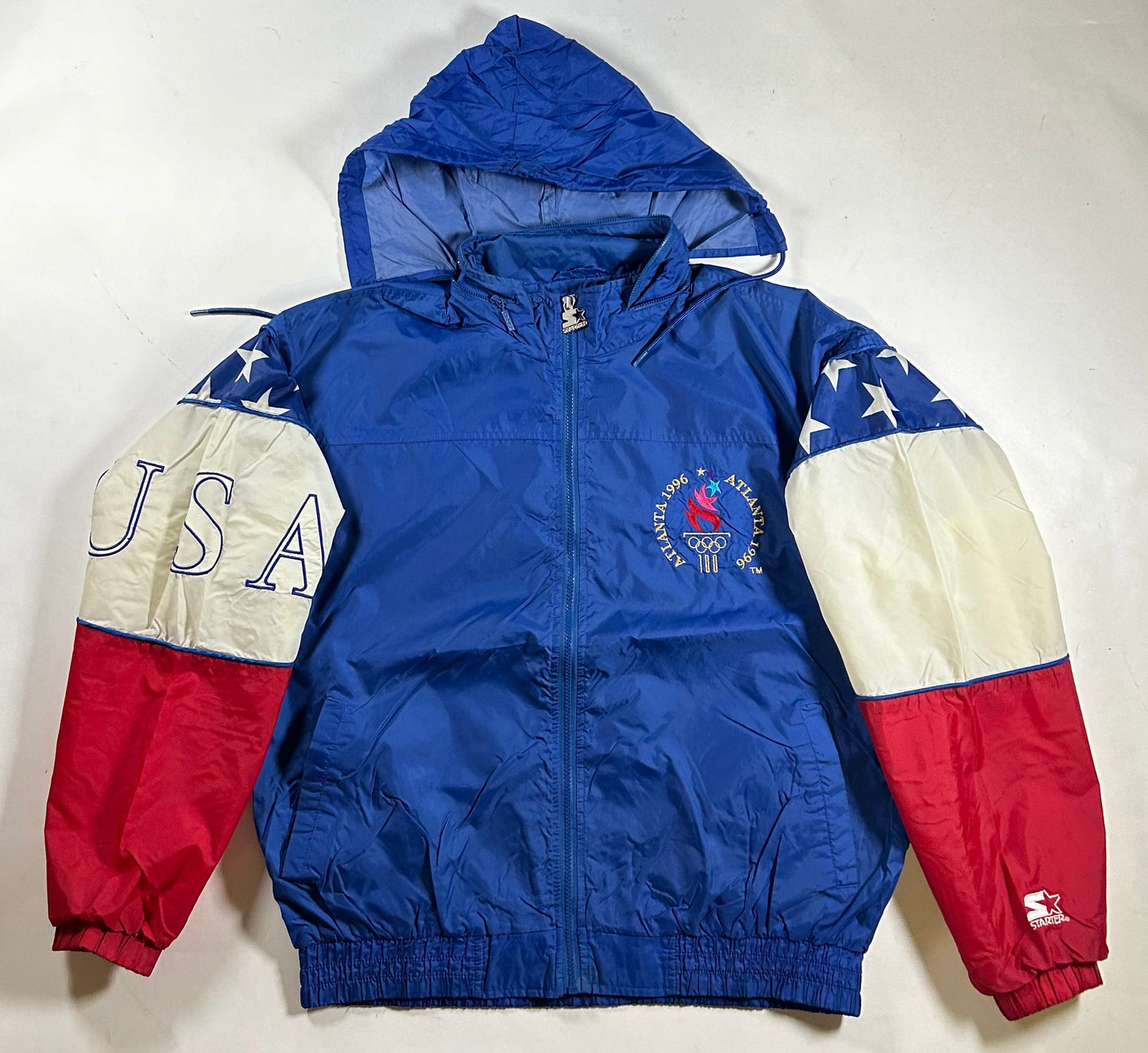 Vintage Starter 96 Atlanta Olympics Team USA Packable Hood Windbreaker Full Zip Jacket  Large 27.5x27.5 Inches